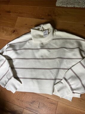 Cream Turtleneck Striped Knit Sweater